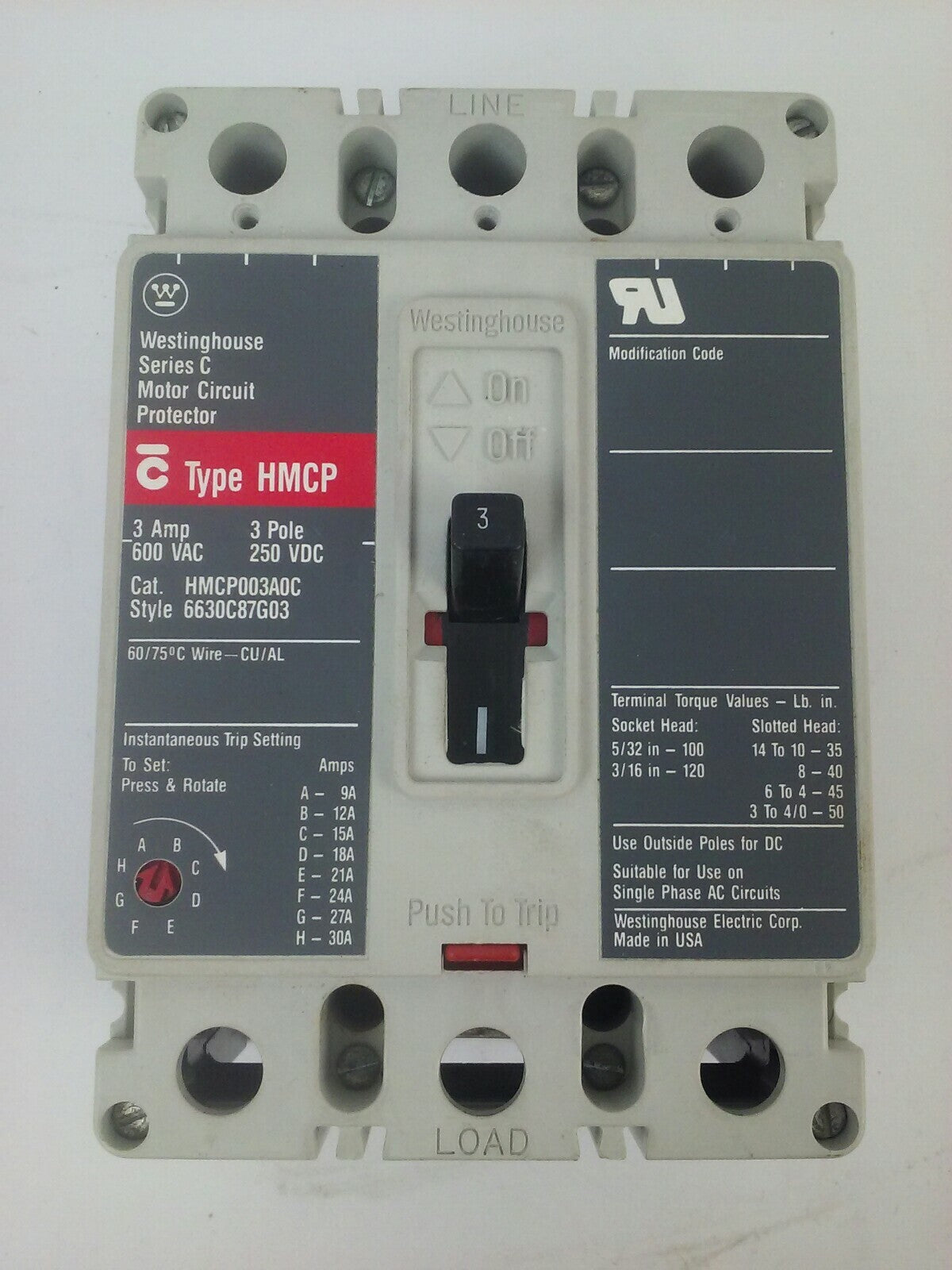 WESTINGHOUSE HMCP003A0C SER.C MOTOR CIRCUIT PROTECTOR TRIP UNIT 3A 3P 600V