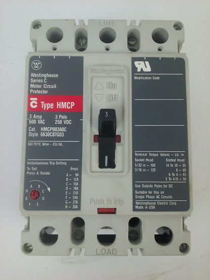WESTINGHOUSE HMCP003A0C SER.C MOTOR CIRCUIT PROTECTOR TRIP UNIT 3A 3P 600V
