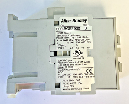ALLEN BRADLEY 300-BOE*930 CONTACTOR  SER.B SIZE 1 27A 600VAC