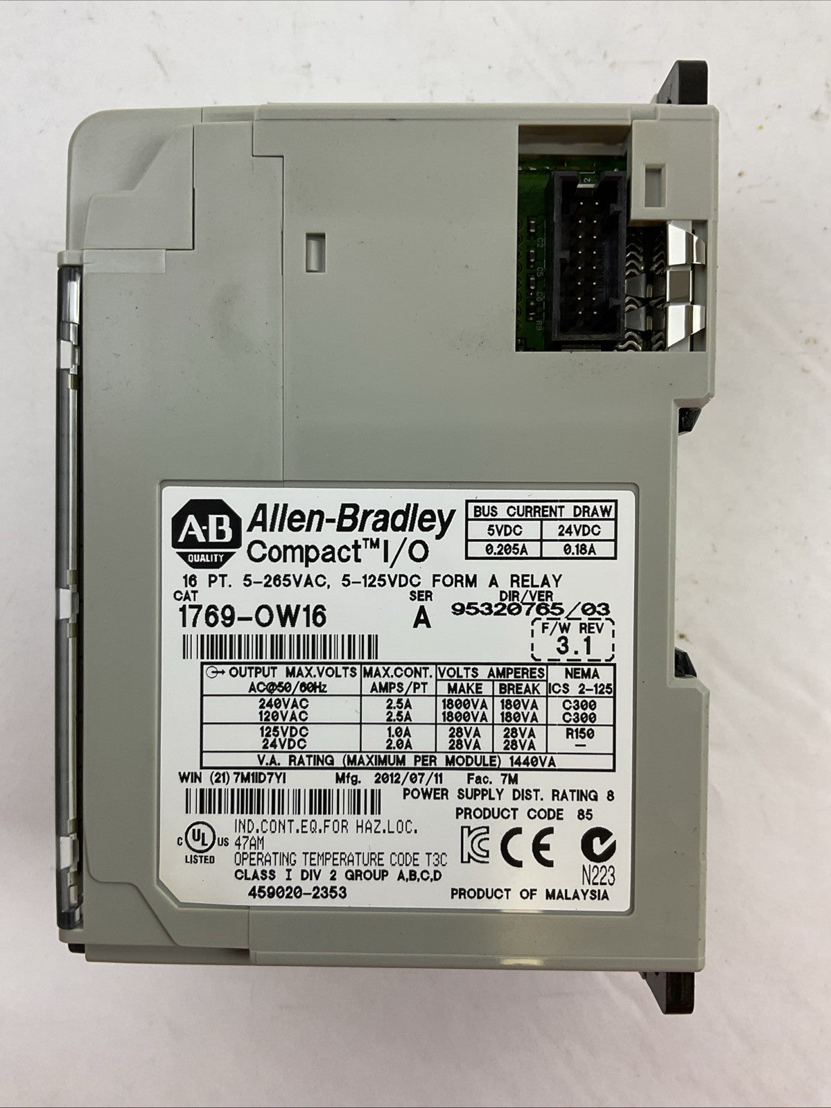 ALLEN BRADLEY 1769-OW16 SER A F/W REV 3.1 DIR/VER 95320765/03 16PT 5-265VAC