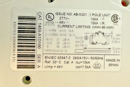 ALLEN BRADLEY 1489-A1D100 CIRCUIT BREAKER SER.A 10KA 277V 50/60HZ ***LOTOF4***