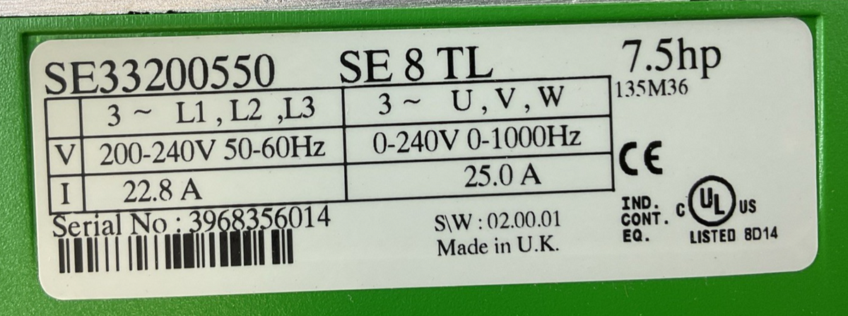 CONTROL TECHNIQUES COMMANDER SE33200550 INVERTER DRIVE 7.5HP 0-240VAC 25A
