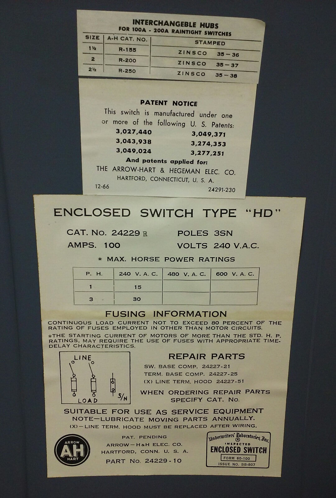 ARROW HART 24299R ENCLOSED SWITCH TYPE HD, 2P, POLES 3SN, 100A, 240V,FUSIBLE,NEW