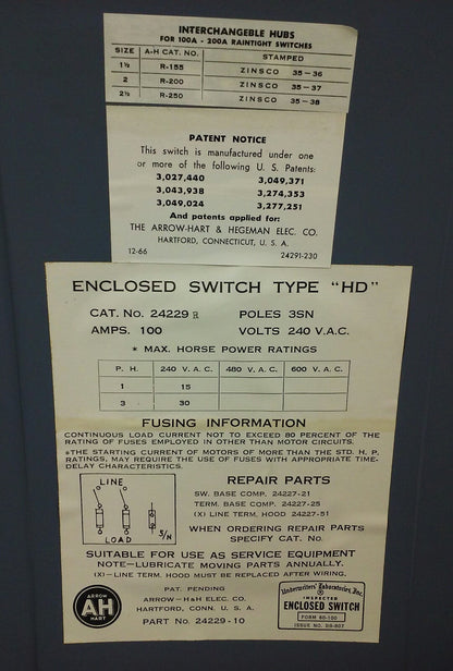 ARROW HART 24299R ENCLOSED SWITCH TYPE HD, 2P, POLES 3SN, 100A, 240V,FUSIBLE,NEW