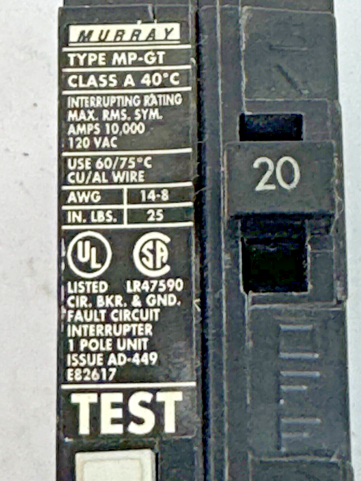 MURRAY - MP120AF -ARC FAULT CIRCUIT BREAKER - 1 POLE, 120 VAC, 20 AMP