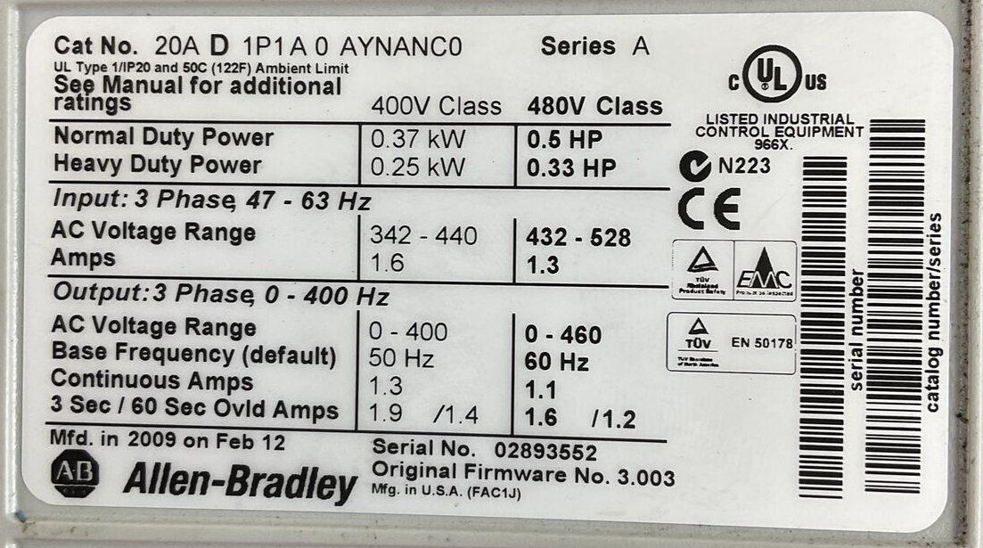 ALLEN BRADLEY 20AD1P1A0AYNANC0 AC DRIVE FIRMWARE NO. 3.003 SER A OUTPUT 0-460VAC