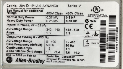 ALLEN BRADLEY 20AD1P1A0AYNANC0 AC DRIVE FIRMWARE NO. 3.003 SER A OUTPUT 0-460VAC