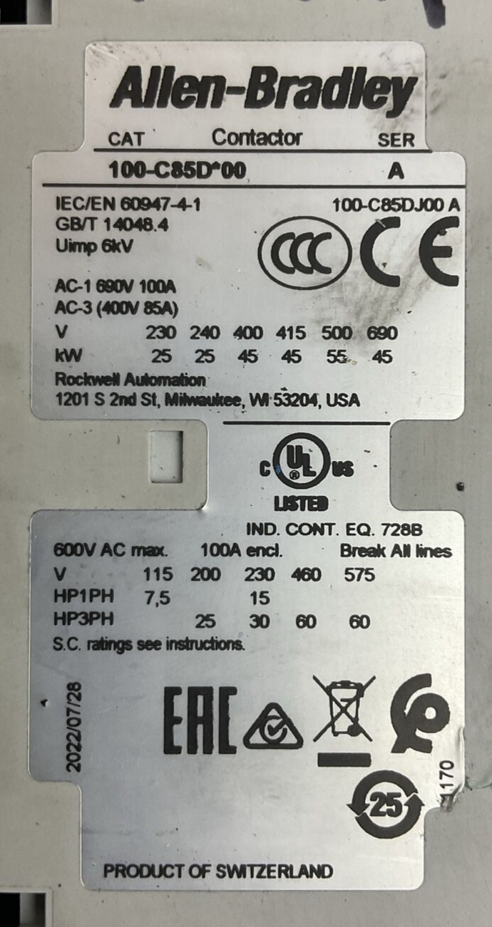 ALLEN BRADLEY STARTER (100-C85D*00 SER A CONTACTOR + 193-1EFGE RELAY + 100S)