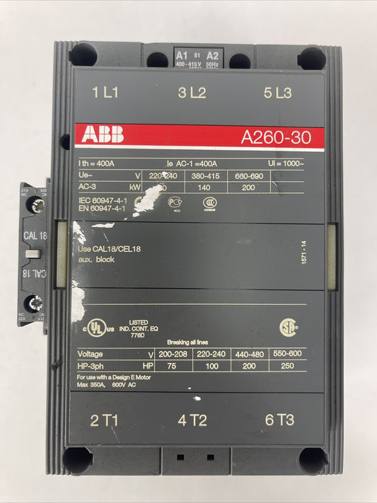 ABB A260-30 CONTACTOR 600VAC 250HP 3PH 350A COIL 400-415V 50HZ 480V 60HZ