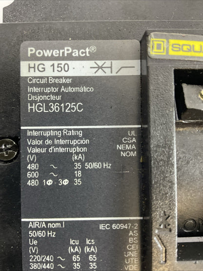 SQUARE D HGL36125C POWERPACT CIRCUIT BREAKER 125AMP 600VAC 3POLE