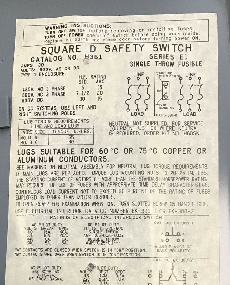 SQUARE D  H361 NON FUSIBLE DISCONNECT SWITCH SER.E1  30A 600VAC/DC