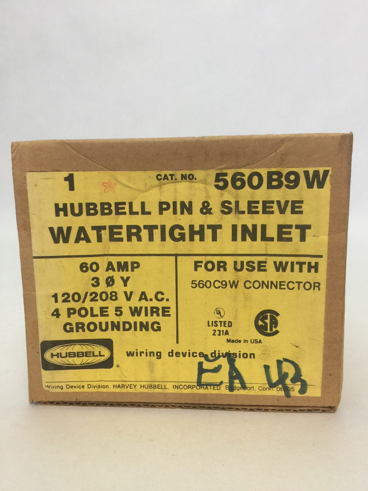 HUBBELL 560B9W PIN & SLEEVE WATERTIGHT INLET 60A 120/208VAC 4 POLE 5 WIRE GROUND