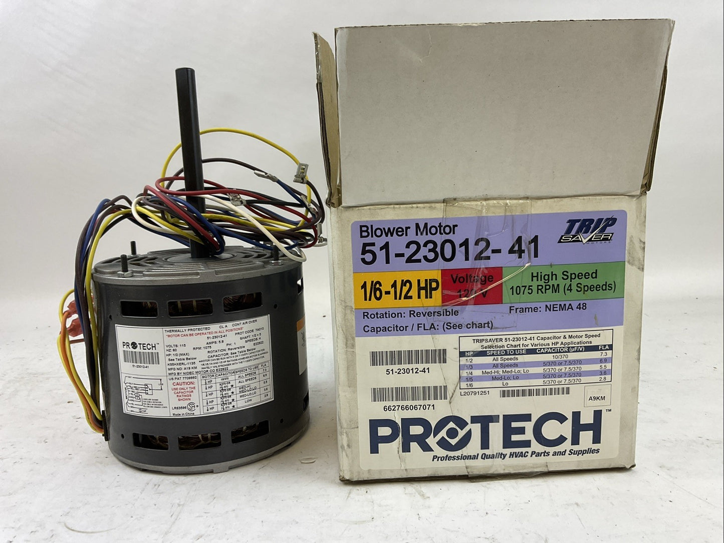 PROTECH 51-23012-41 BLOWER MOTOR 115V 60HZ 5.8A 1075RPM 4 SPEEDS 1PH 1/6-1/2HP