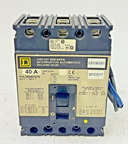 SQUARE D  FHL360401212 MAG-GARD CIRCUIT BREAKER W/ AUX 40A 3POLE 600VAC