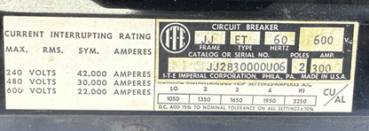 ITE JJ2B30000U06 CIRCUIT BREAKER 2POLE 300AMP 600VAC 250VDC JJ FRAME ET TYPE