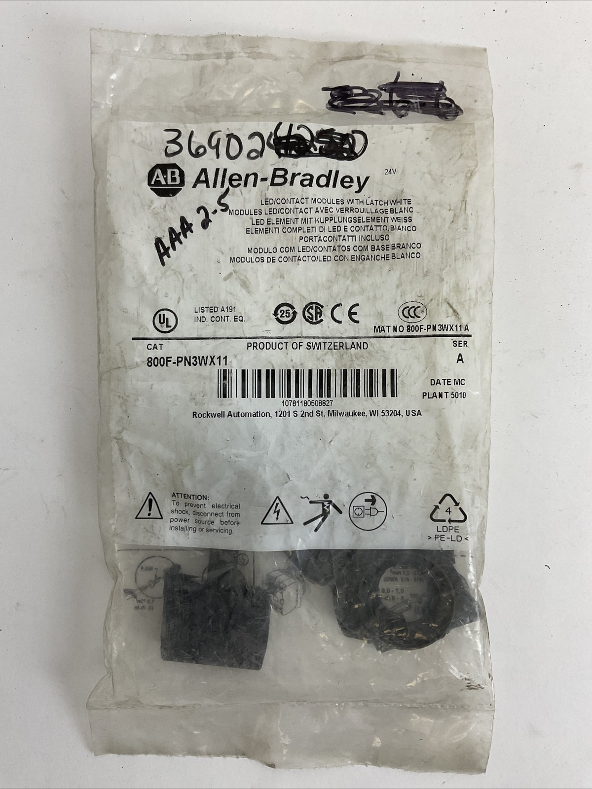ALLEN BRADLEY 800F-PN3WX11 LED/CONTACT MODULES WITH LATCH WHITE