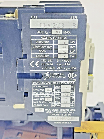 ALLEN BRADLEY -100-A12ND3 SER. B CONTACTOR W 120V COIL & 193-BSB 16 SER. B RELAY