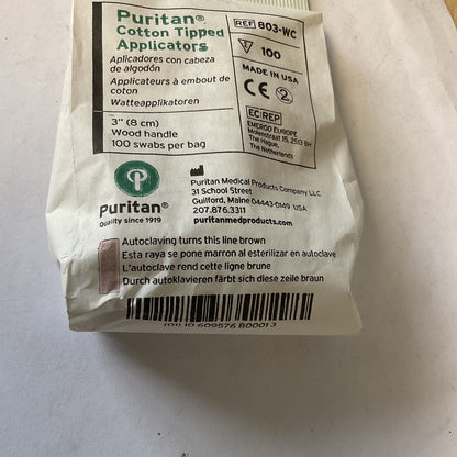 PURITAN 803-WC COTTON TIPPED APPLICATORS ****ONE CASE OF 1000, 100 PER PACK****