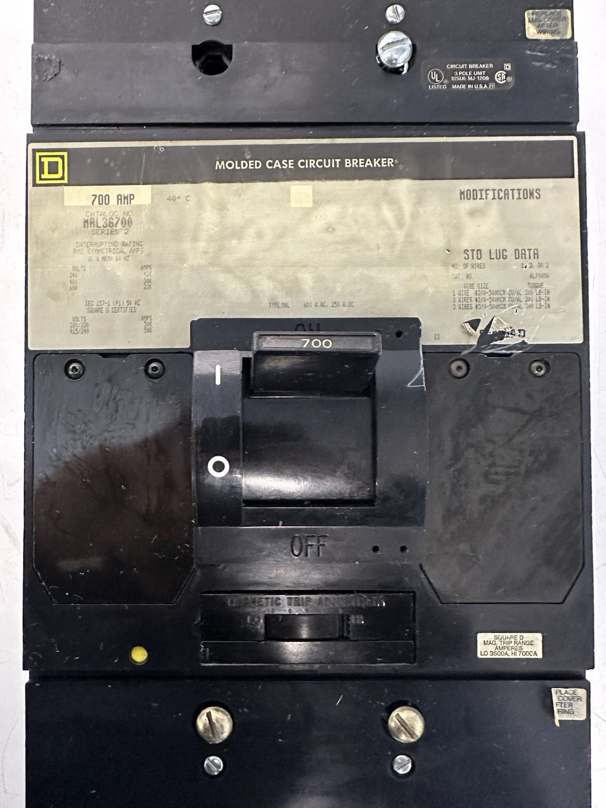 SQUARE D MAL36700 SERIES 2 700 AMP 3P 600 VAC MOLDED CASE CIRCUIT BREAKER