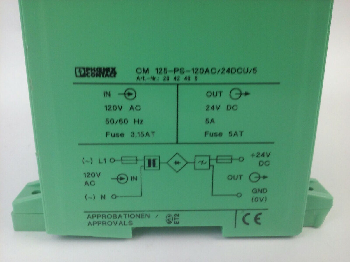 PHOEINX CONTACT CM 125-PS-120AC/24DCU/5 POWER SUPPY 120VAC 50/60HZ 24VDC 5A