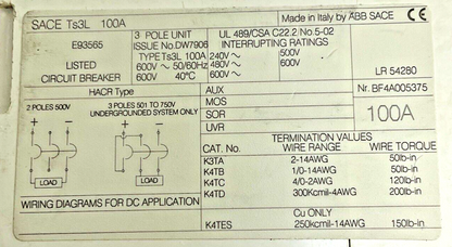ABB SACE TS3L TMAX CIRCUIT BREAKER 100A  3POLE 600VAC