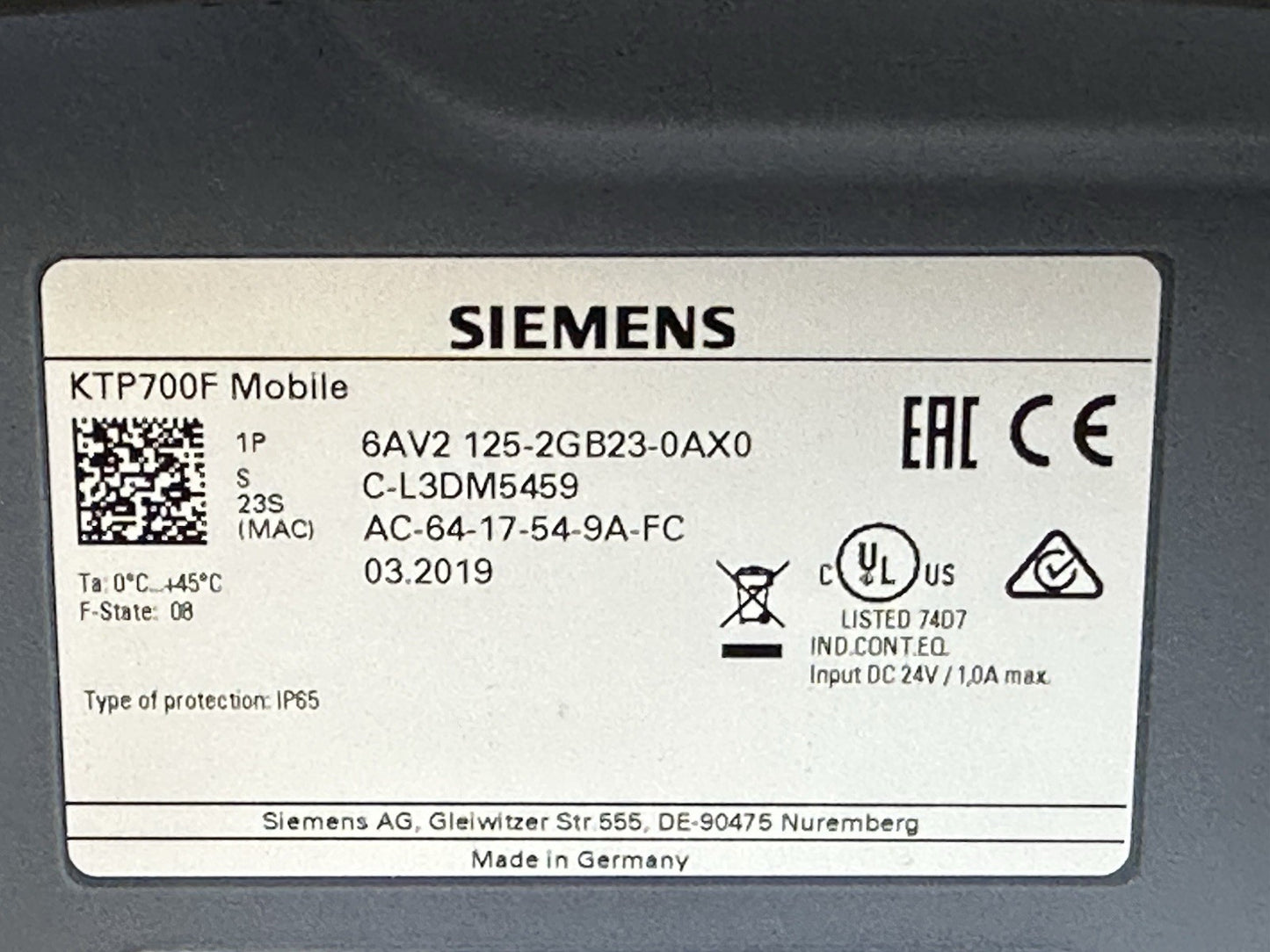 SIEMENS 1P 6AV2 125-2GB23-0AX0 SIMATIC HMI TP700F MOBILE WITH KEY