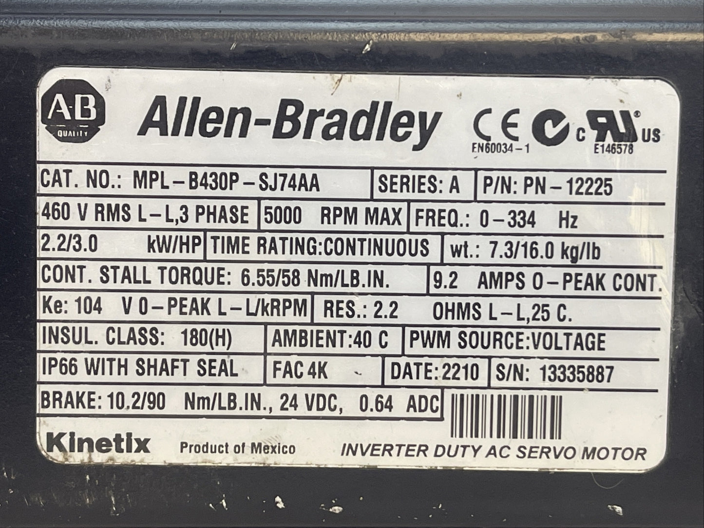 ALLEN BRADLEY MPL-B430P-SJ74AA SERVO MOTOR SER A 5000RPM 2.2/3.0 kW/HP 9.2AMP