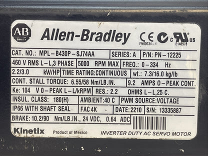 ALLEN BRADLEY MPL-B430P-SJ74AA SERVO MOTOR SER A 5000RPM 2.2/3.0 kW/HP 9.2AMP
