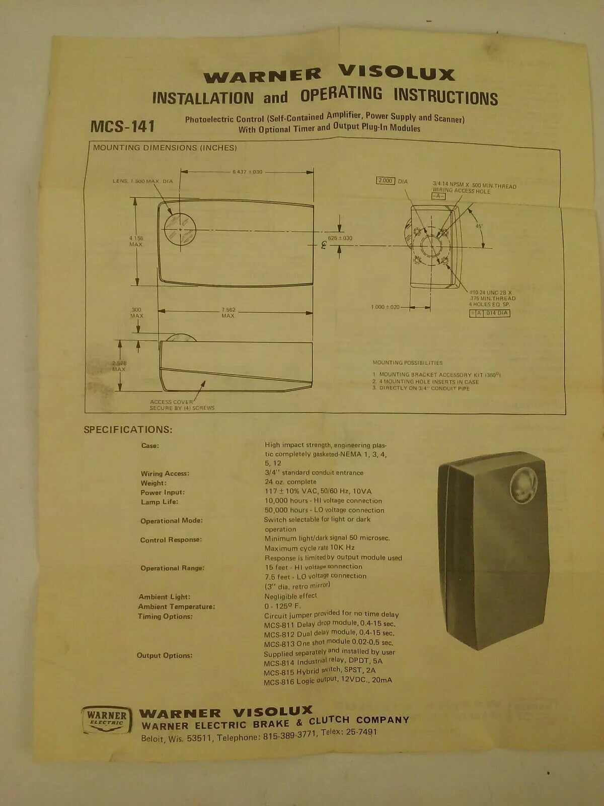 WARNER ELECTRIC MCS-141 PHOTOSCANNER PHOTOELECTRIC CONTROL 8164-000-XXX