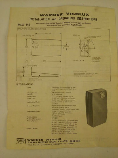 WARNER ELECTRIC MCS-141 PHOTOSCANNER PHOTOELECTRIC CONTROL 8164-000-XXX