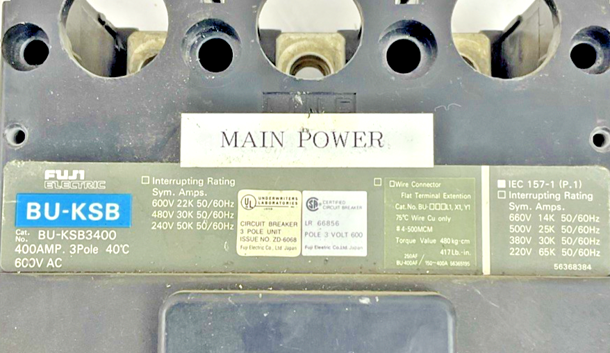 FUJI ELEC BU-KSB3400 CIR. BREAKER 400A W/ BU-WKH AUX SWITCH W/ BU-FKH120A SHUNT