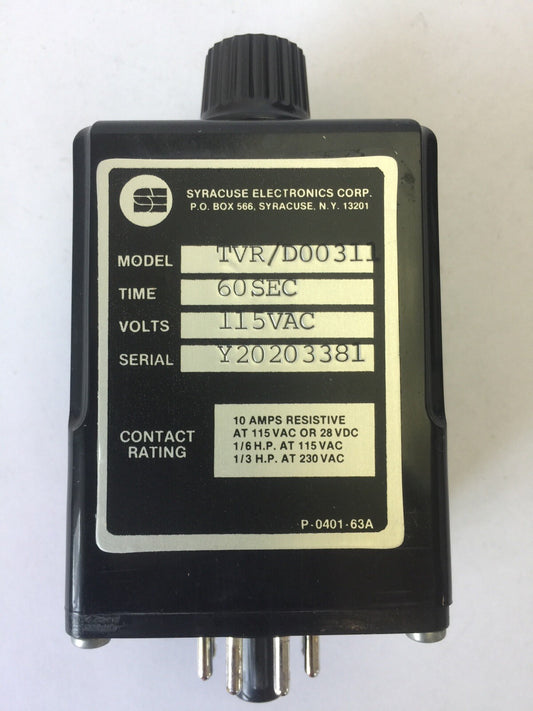 SYRACUSE ELECTRONICS TVR/D00311 TIME DELAY RELAY 115VAC 60SEC