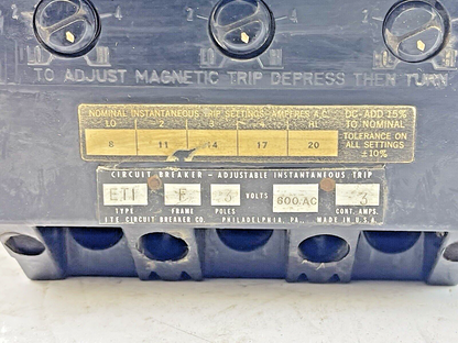 ITE - ET4060- CIRCUIT BREAKER- TYPE ETI, 3 AMP, 3 POLE, 600 VAC, F FRAME