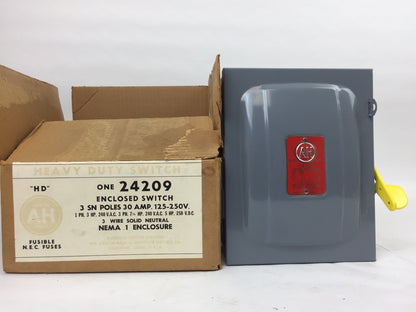 ARROW HART 24209 HEAVY DUTY ENCLOSED SWITCH 3 SN POLES 30 AMPS 125-250V FUSIBLE