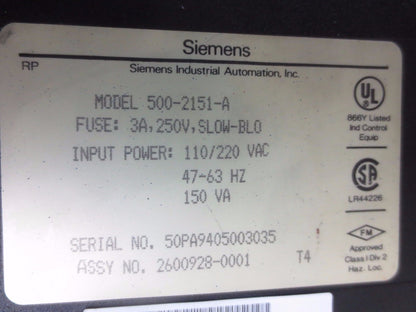 SIEMENS 500-2151-A POWER SUPPLY - 110/220VAC, 47-63Hz, 150VA - FUSE 3A, 250V
