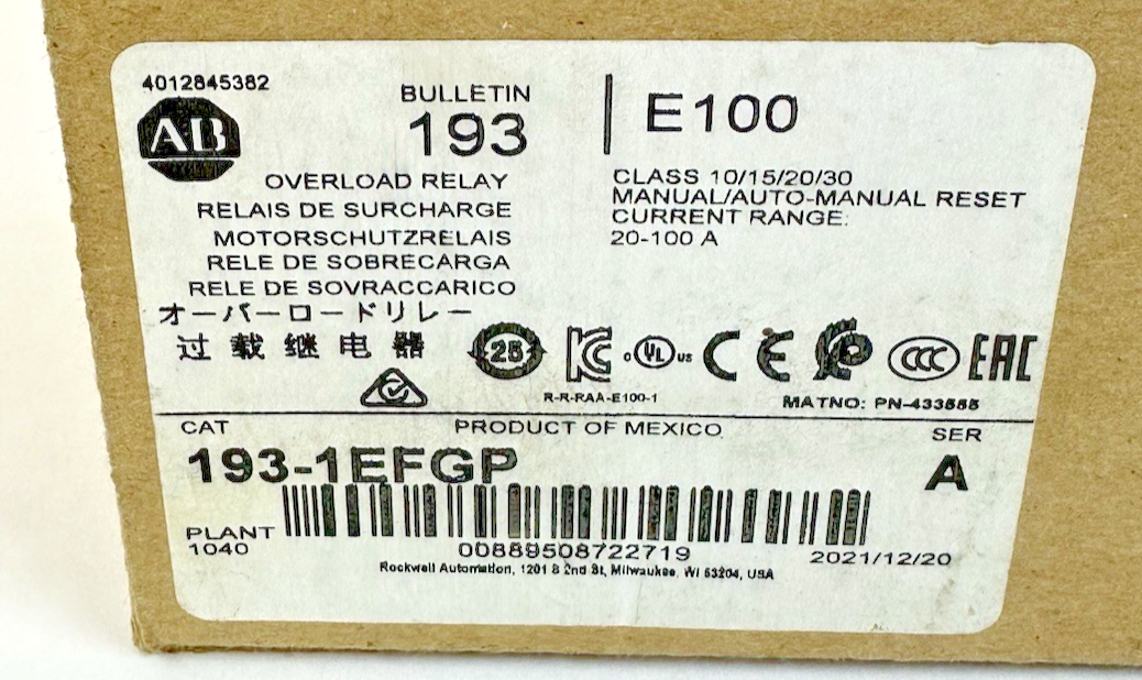 Allen Bradley 193-1EFGP E100 20-100A Overload Relay Ser. A