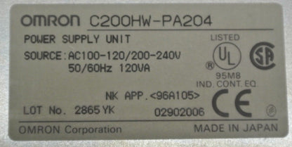 OMRON C200HW-PA204 / POWER SUPPLY UNIT / 100-120VAC / 200-24VAC / 120VA