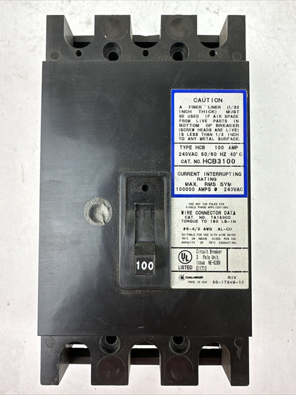 CHALLENGER HCB3100 CIRCUIT BREAKER 100AMP 240VAC 3POLE
