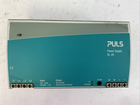 PULS SL 20 POWER SUPPLY OUTPUT 24VDC 20A INPUT 500VAC 50-60HZ 1.5A