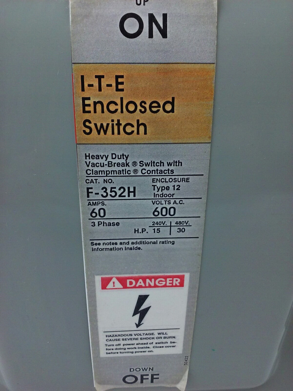 ITE GOULD F352H, ENCLOSED SWITCH, 60A, 600V, FUSIBLE, TYPE 12, 3PH, 30 MAX H.P.