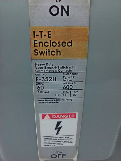 ITE GOULD F352H, ENCLOSED SWITCH, 60A, 600V, FUSIBLE, TYPE 12, 3PH, 30 MAX H.P.