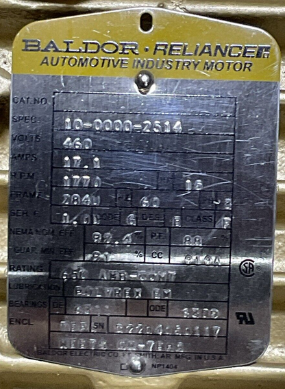 BALDOR AUTOMOTIVE INDUSTRY MOTOR 460V 17.1A 1770RPM 15HP 3PH 108715100HQF REV B