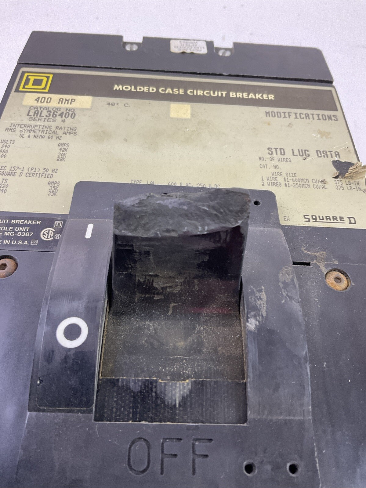 SQUARE D LAL36400 CIRCUIT BREAKER 600VAC 400AMP 3POLE
