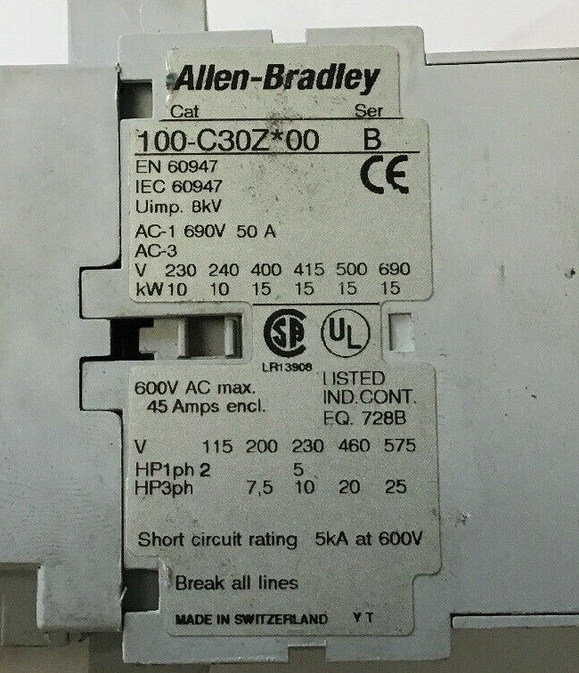 ALLEN BRADLEY 100-C30Z*00  Ser. B CONTACTOR w/ 100-S AUX. CONTACTOR Ser. B