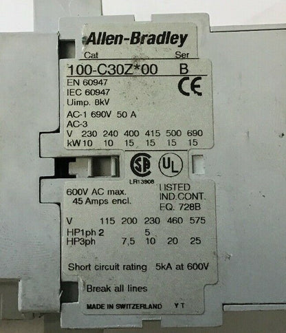 ALLEN BRADLEY 100-C30Z*00  Ser. B CONTACTOR w/ 100-S AUX. CONTACTOR Ser. B