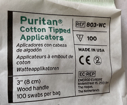 PURITAN 803-WC COTTON TIPPED APPLICATORS ****ONE CASE OF 1000, 100 PER PACK****