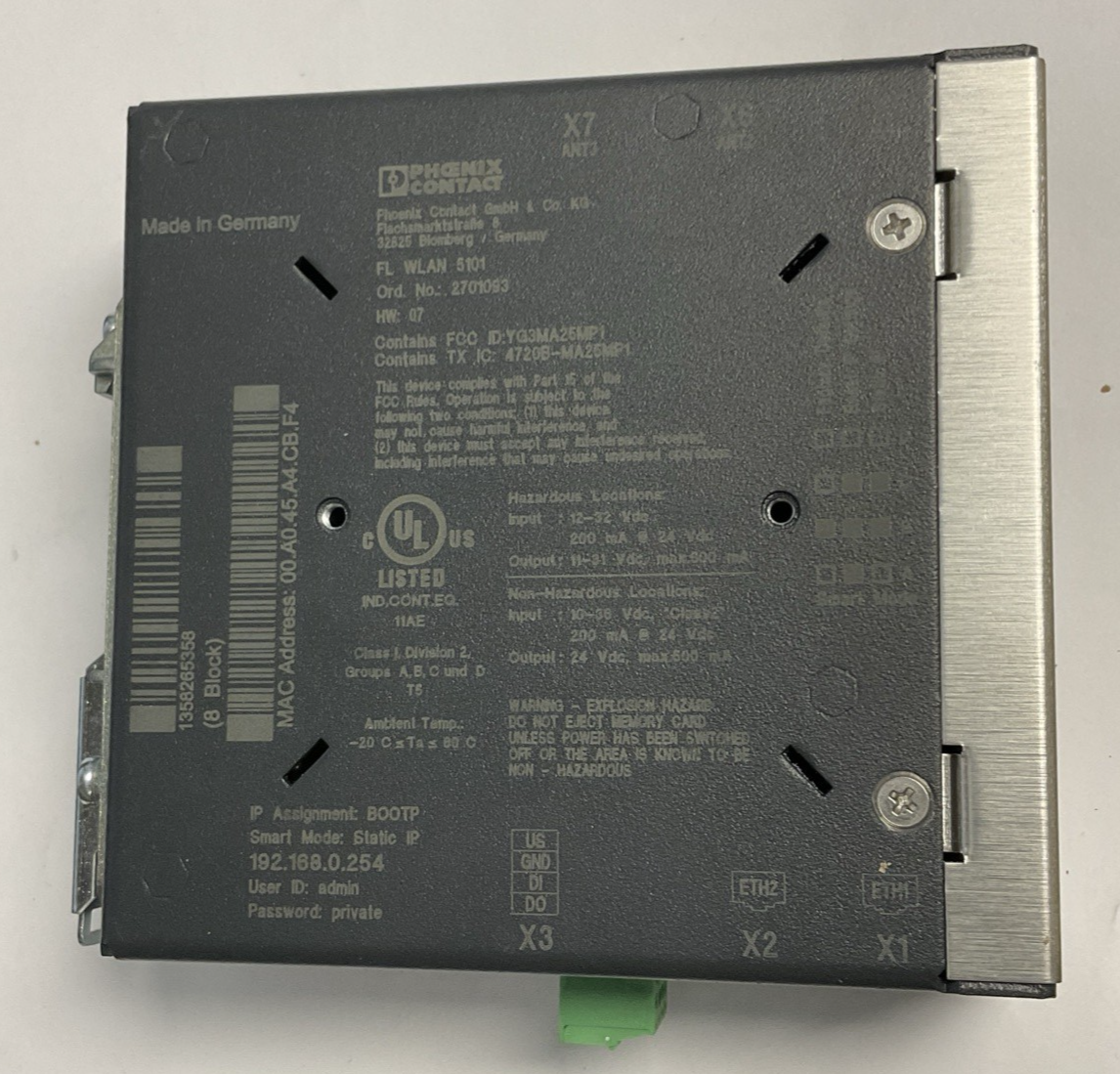 PHOENIX CONTACT WLAN 5100 WIRELESS SWITCH MODULE 32VDC HW:07 W/ 3 CONNECTORS