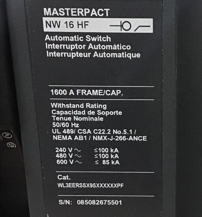 SQUARE D WL3EERSSX9SXXXXXXPF MASTERPACT CIRCUIT BREAKER 1600A NW 16 HF 600VAC