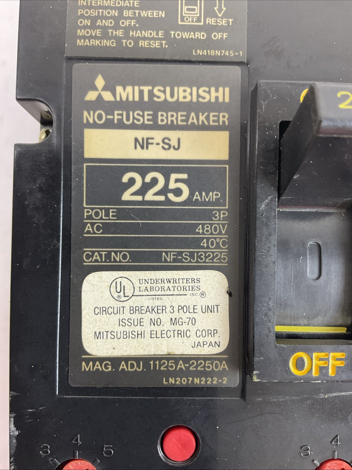 MITSUBISHI NF-SJ3225 NO-FUSE BREAKER 480VAC 225AMP 3POLE
