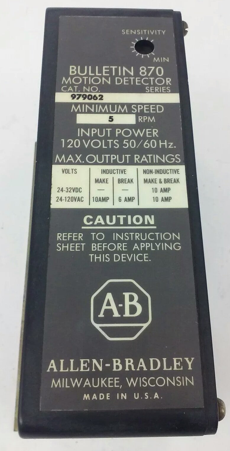 ALLEN BRADLEY 979062, MOTION DETECTOR, 5 RPM MINIMUM SPEED ,120V 50/60HZ 10A